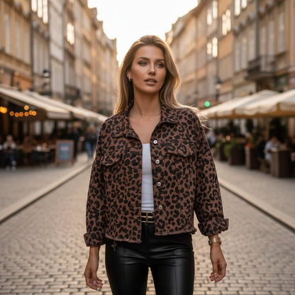 Edgy Leopard Frayed Denim Jacket