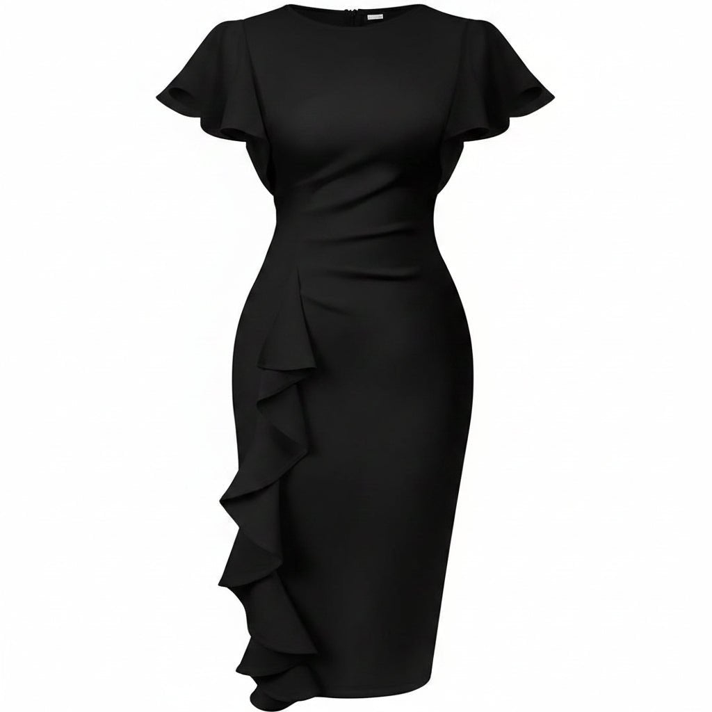 Elegant Ruffle Slim Midi Evening Dress
