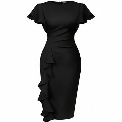 Elegant Ruffle Slim Midi Evening Dress