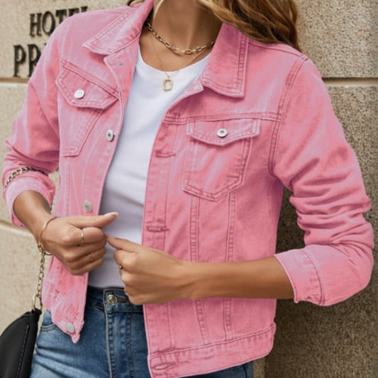 Lightweight Denim Jacket Plaid Trim