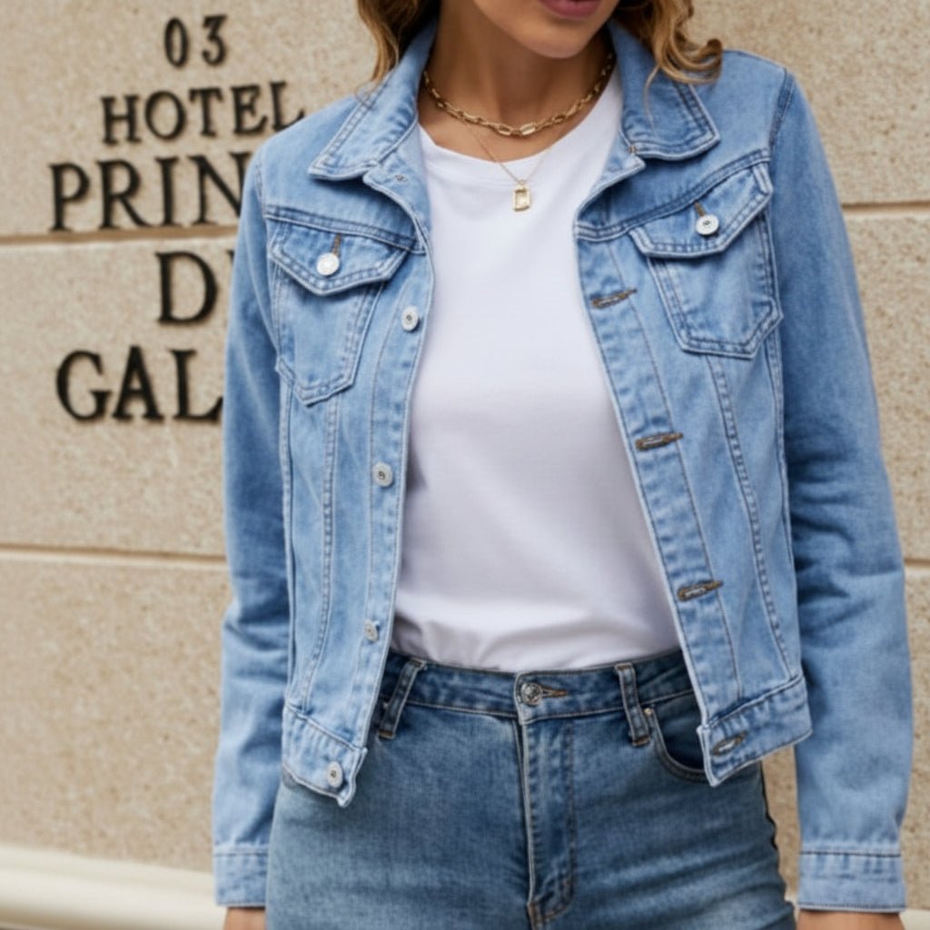 Leichte Jeansjacke mit kariertem Besatz