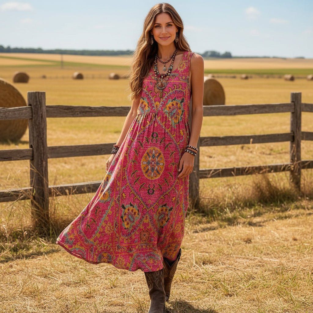Vintage-Kleid mit Boho-Print und ärmellosem Schnitt für den Sommerstil