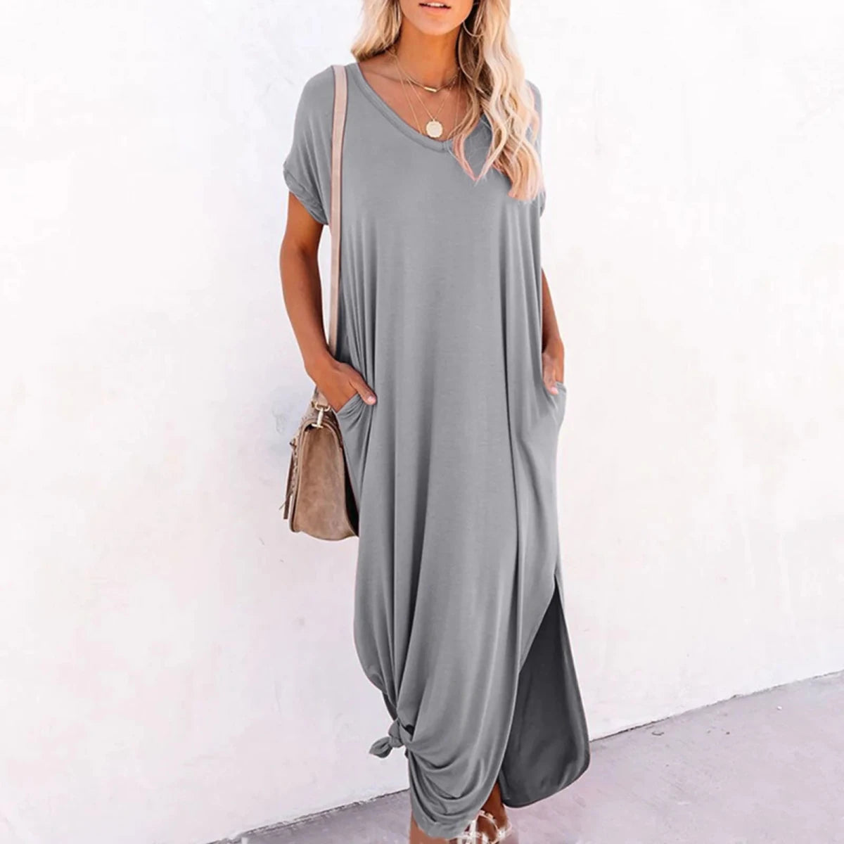 V Neck Loose Side Slit Maxi Dress