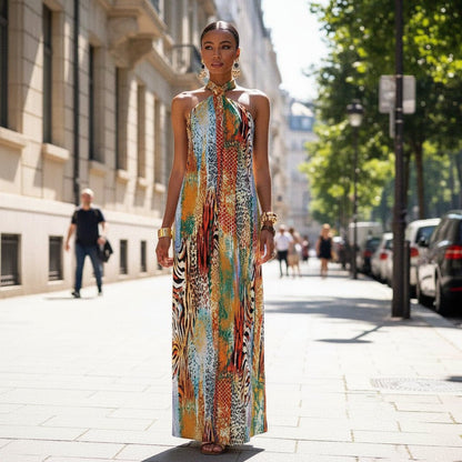 Bedrucktes Neckholder-Maxikleid mit locker fallender Passform
