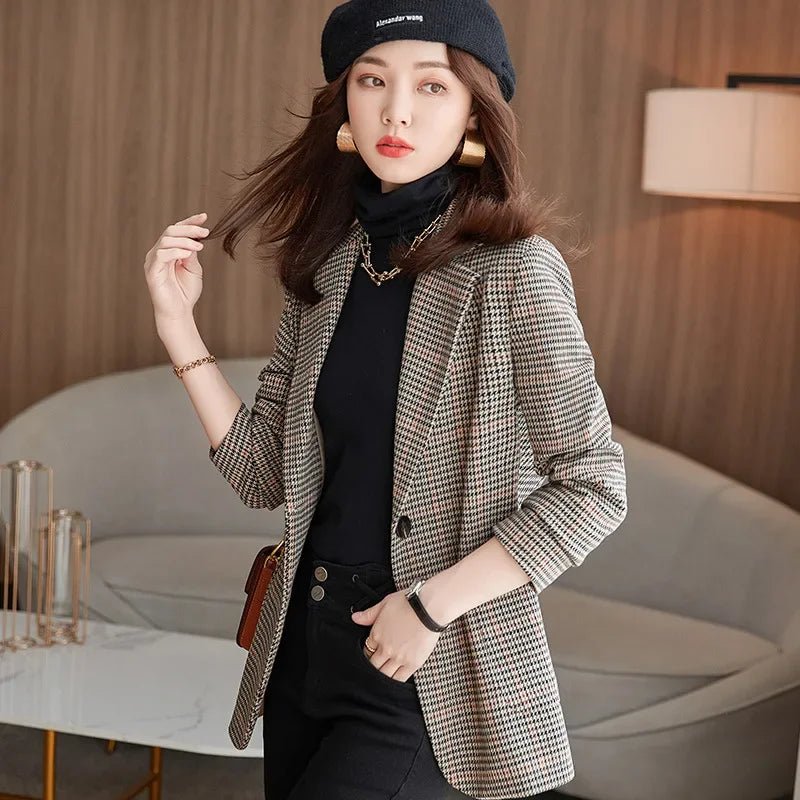 Plaid Slim Fit Collarless Blazer Jacket Lightweight