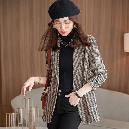 Plaid Slim Fit Collarless Blazer Jacket Lightweight