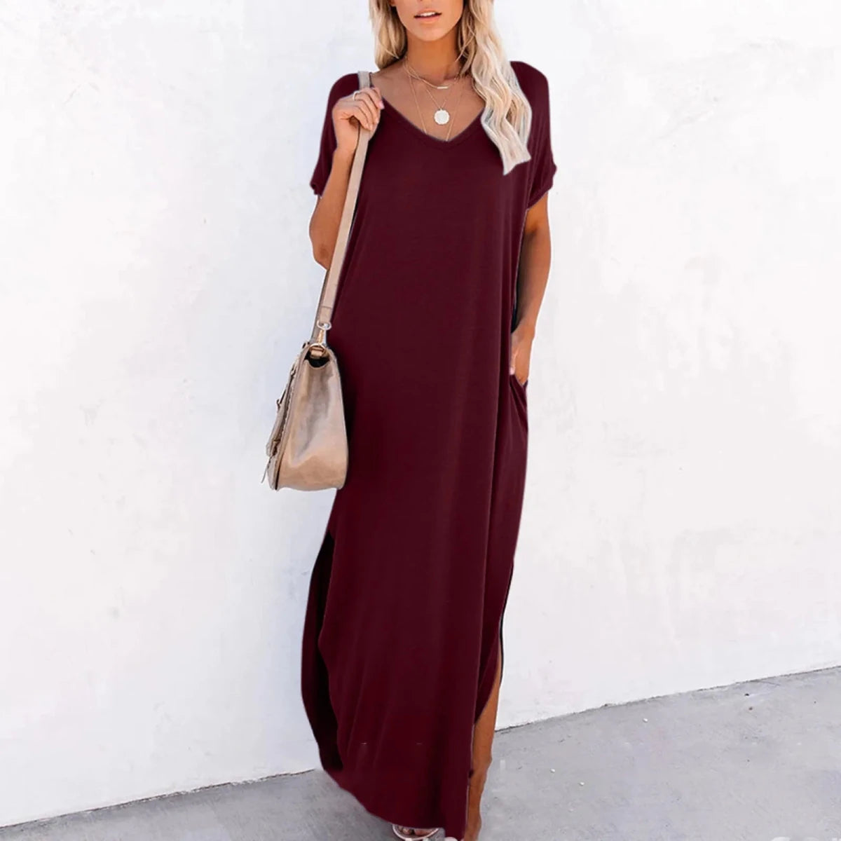 V Neck Loose Side Slit Maxi Dress
