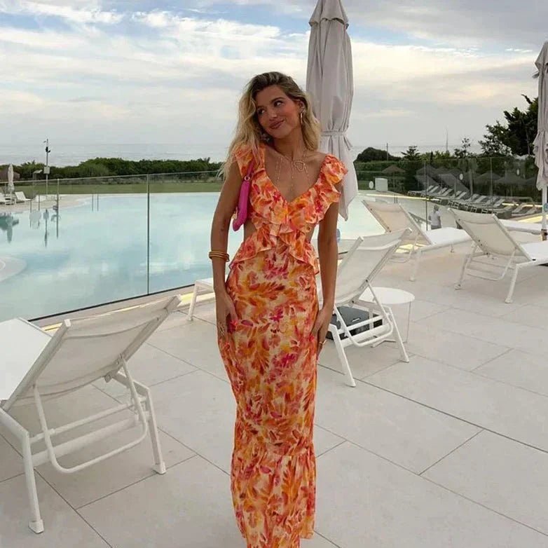 Floral Ruffle V-Neck Maxi Dress