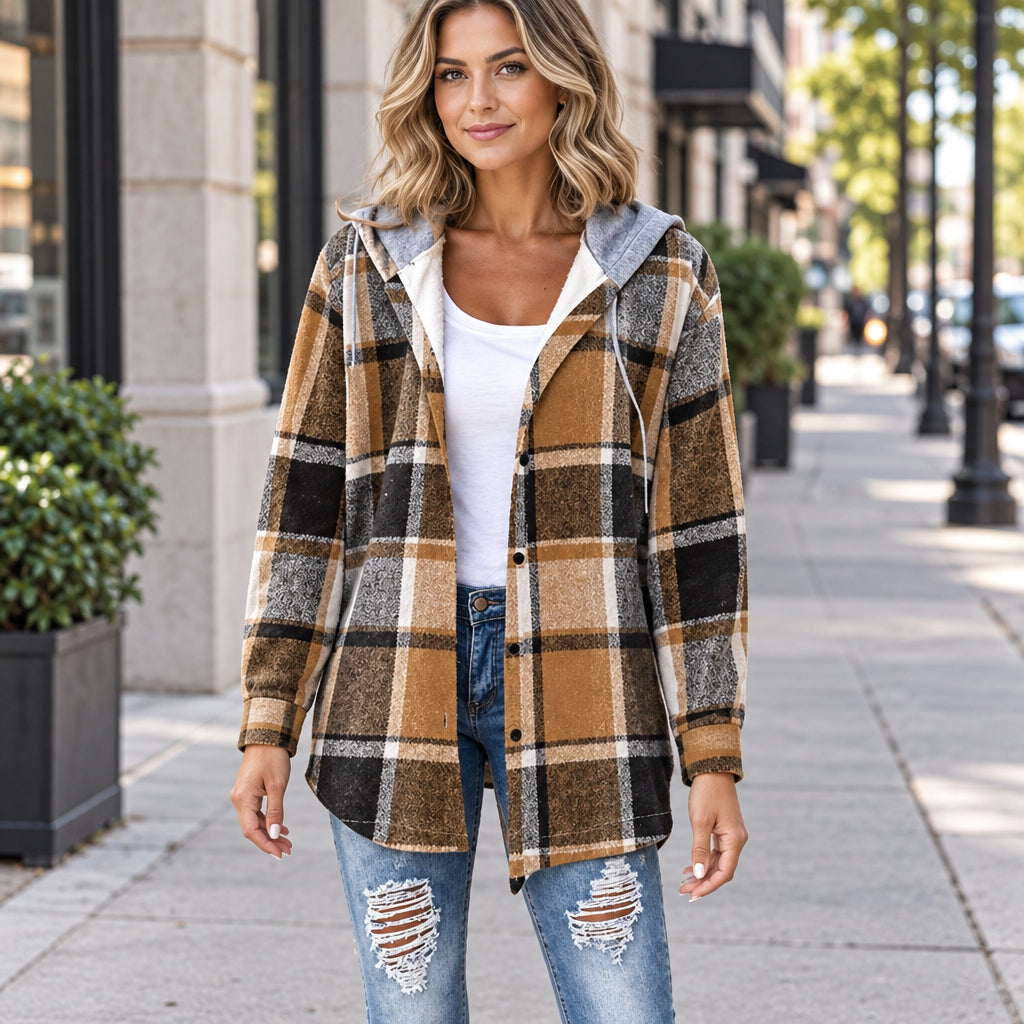 Relaxed Plaid Jacket with Hood for Autumn and Winter