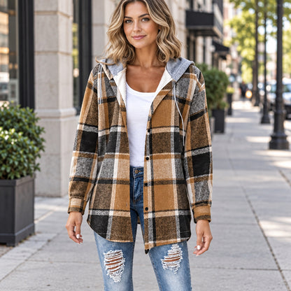 Relaxed Plaid Jacket with Hood for Autumn and Winter