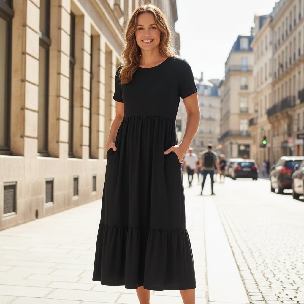 Round Neckline Tiered Midi Dress
