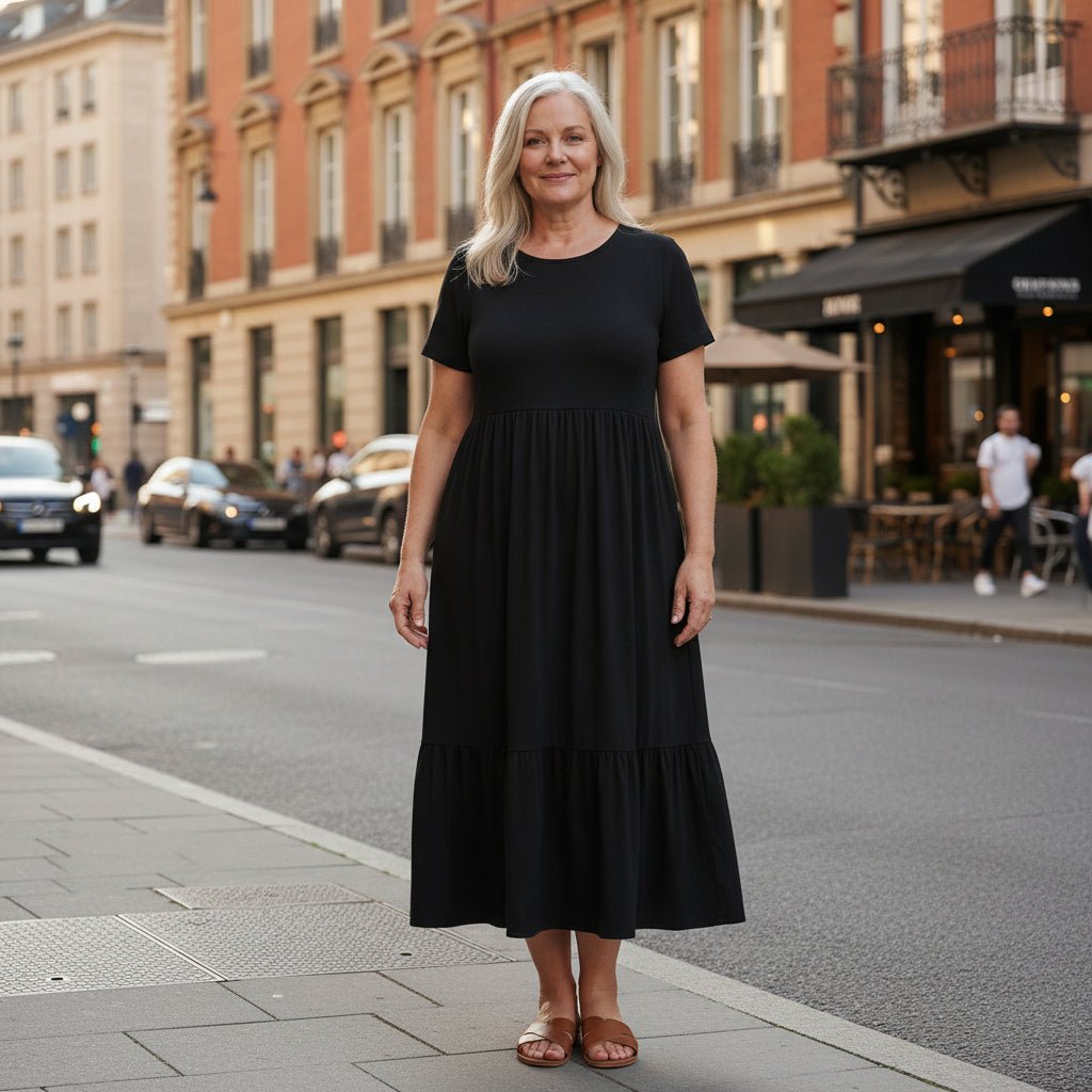 Round Neckline Tiered Midi Dress