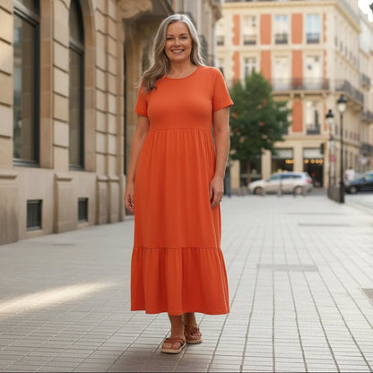 Round Neckline Tiered Midi Dress
