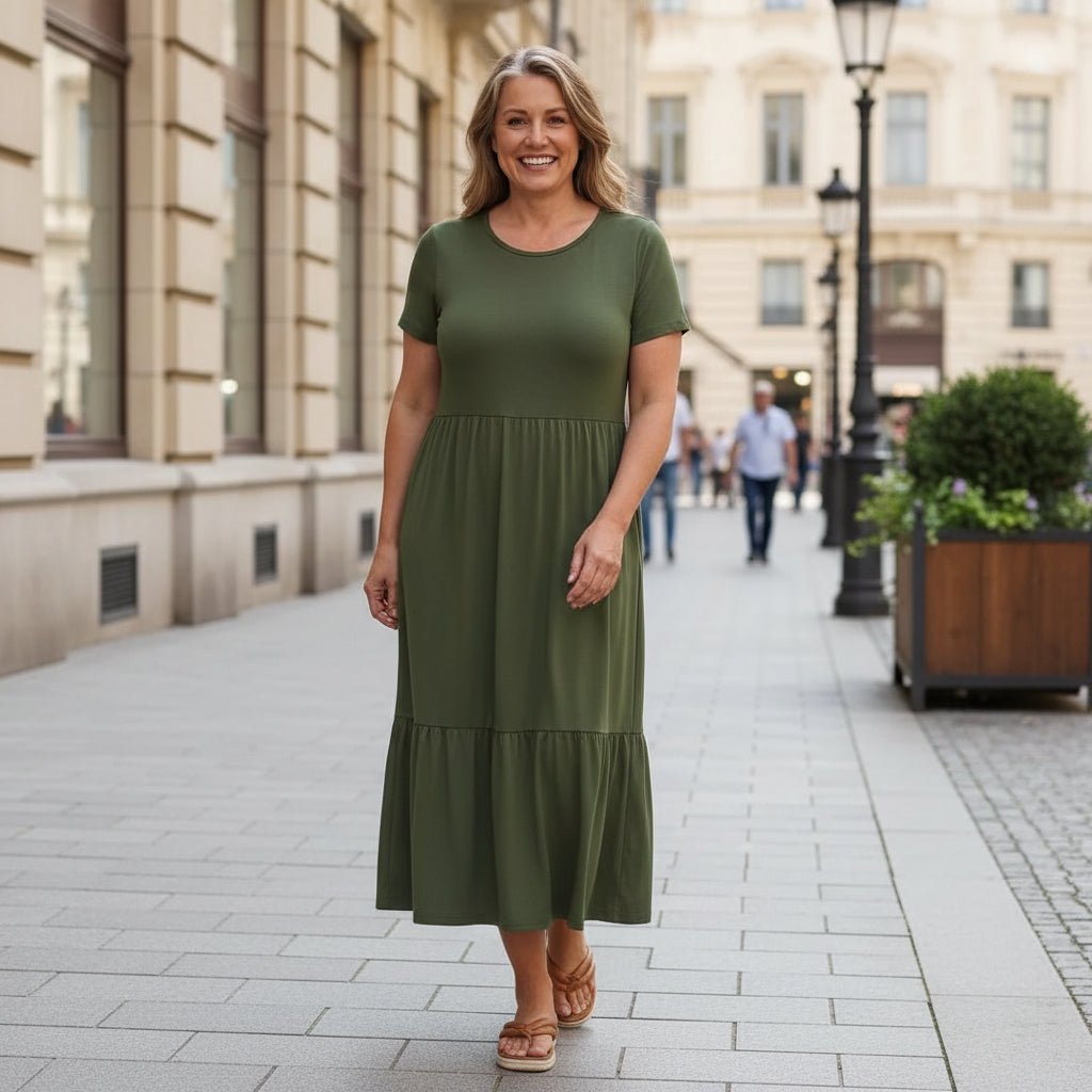 Round Neckline Tiered Midi Dress