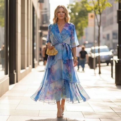 Flowy V-Neck Tie-Waist Maxi Dress