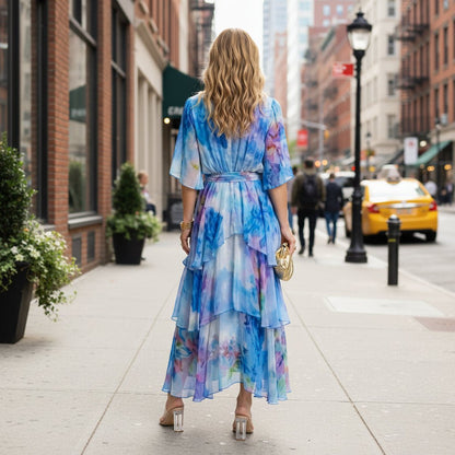 Flowy V-Neck Tie-Waist Maxi Dress
