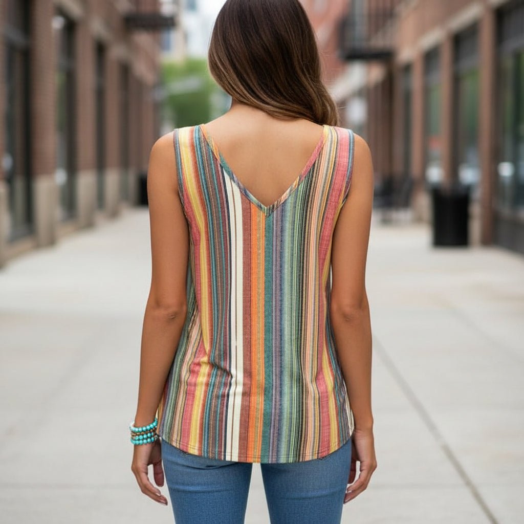 Striped V-Neck Knot-Shoulder Sleeveless Top