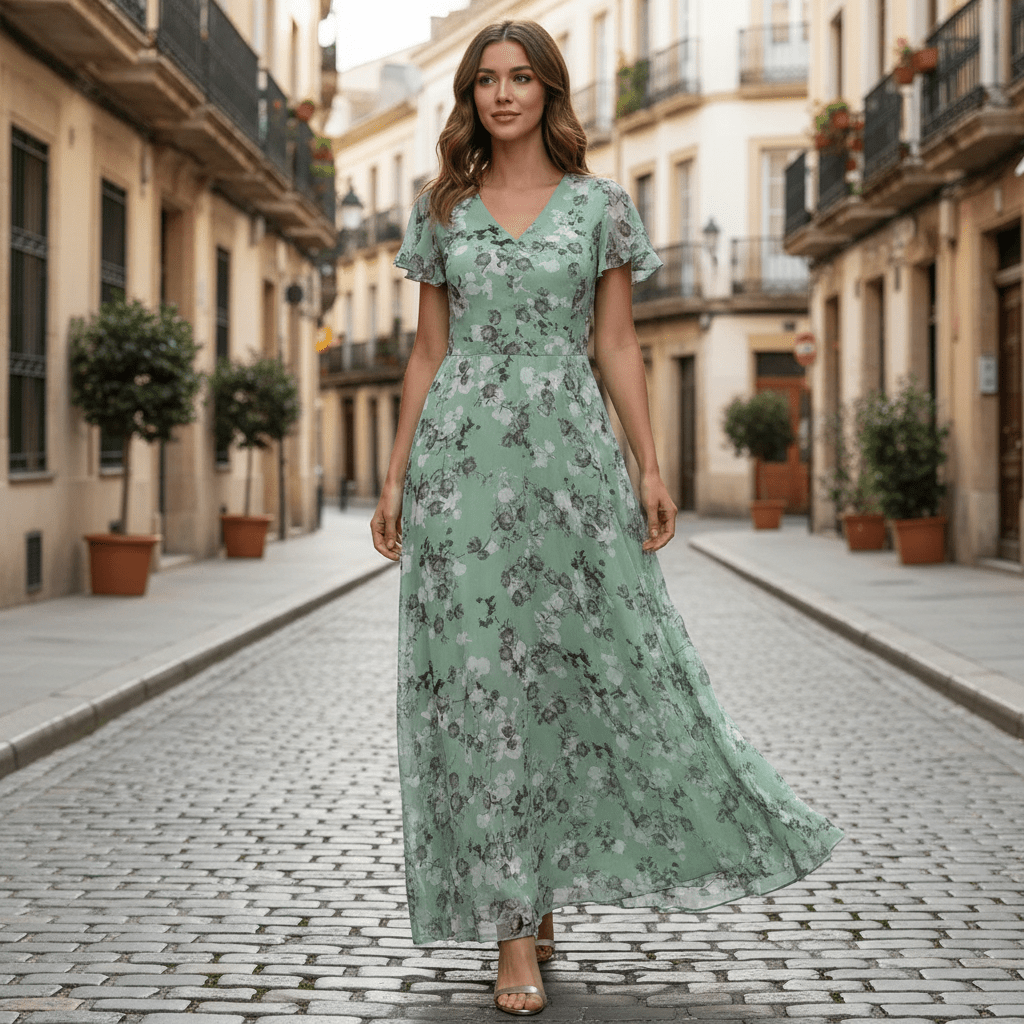 Geblümtes Maxikleid mit V-Ausschnitt