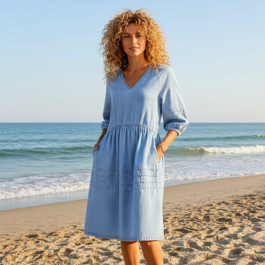 Babydoll Midi Dress With Puff Sleeves and V-Neck