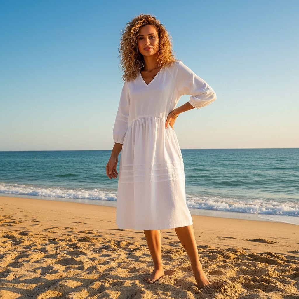 Babydoll Midi Dress With Puff Sleeves and V-Neck