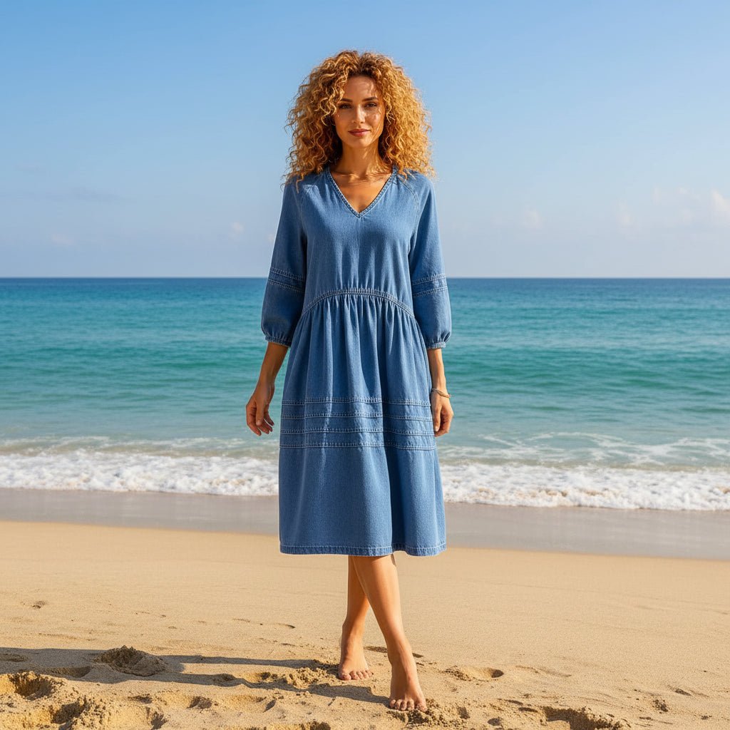 Babydoll Midi Dress With Puff Sleeves and V-Neck