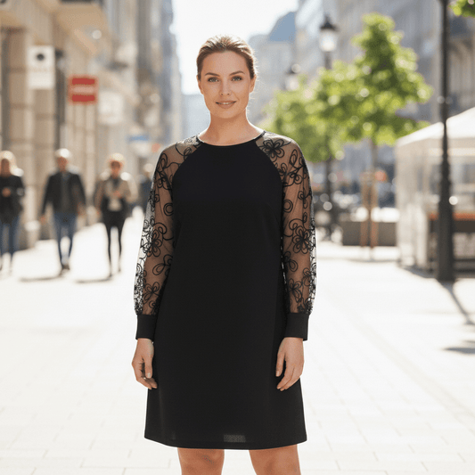 Round Neck Dress with Lace Sleeves