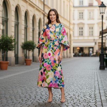 Round Neck Midi Dress with Wide Sleeves