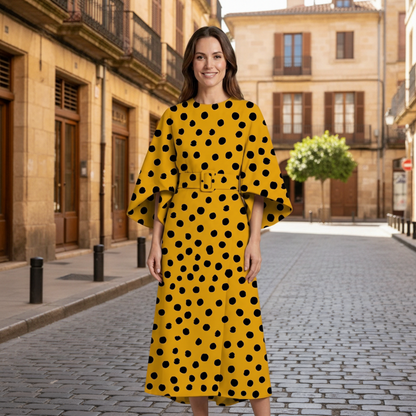 Round Neck Midi Dress with Wide Sleeves