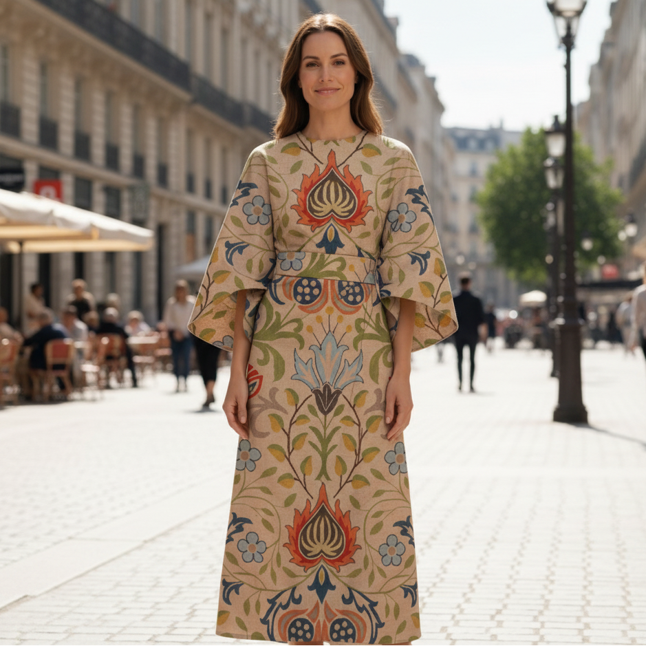 Round Neck Midi Dress with Wide Sleeves