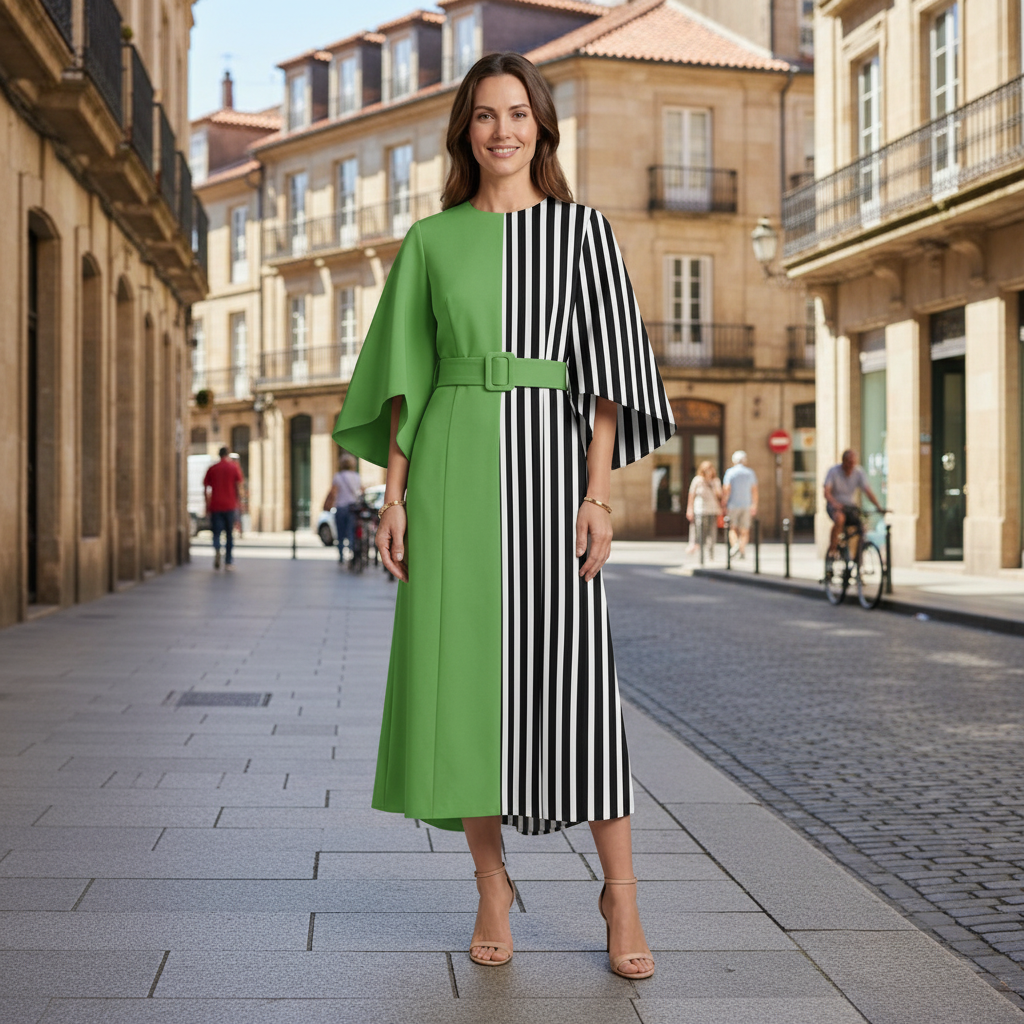 Round Neck Midi Dress with Wide Sleeves