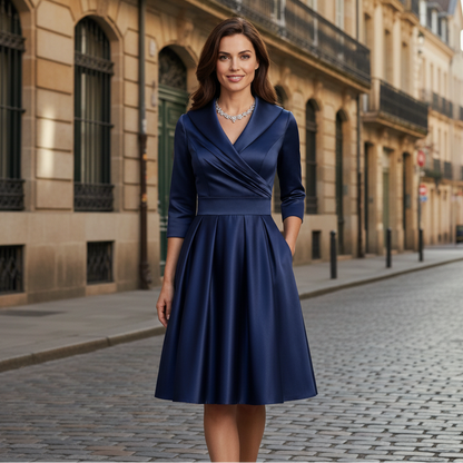 V-Neck Midi Dress with Pleated Waist