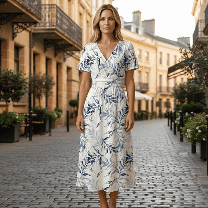 Schmeichelndes Midikleid mit V-Ausschnitt und Blumenmuster