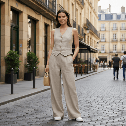 V-Neck Waistcoat Set With Wide Trousers