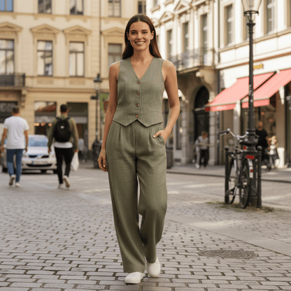 V-Neck Waistcoat Set With Wide Trousers