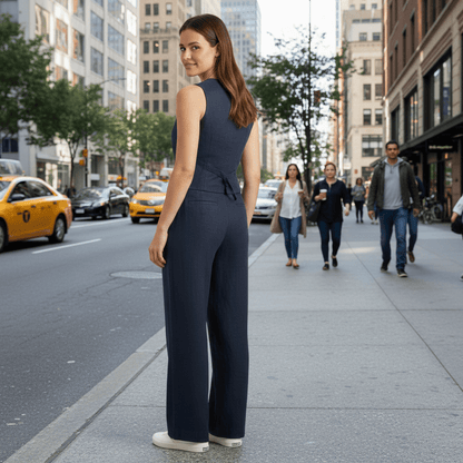 V-Neck Waistcoat Set With Wide Trousers