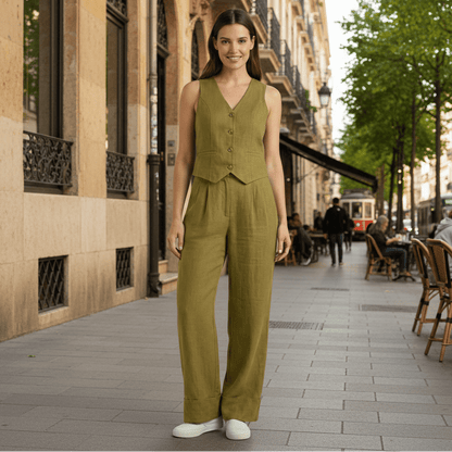 V-Neck Waistcoat Set With Wide Trousers