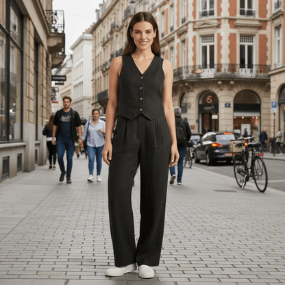 V-Neck Waistcoat Set With Wide Trousers