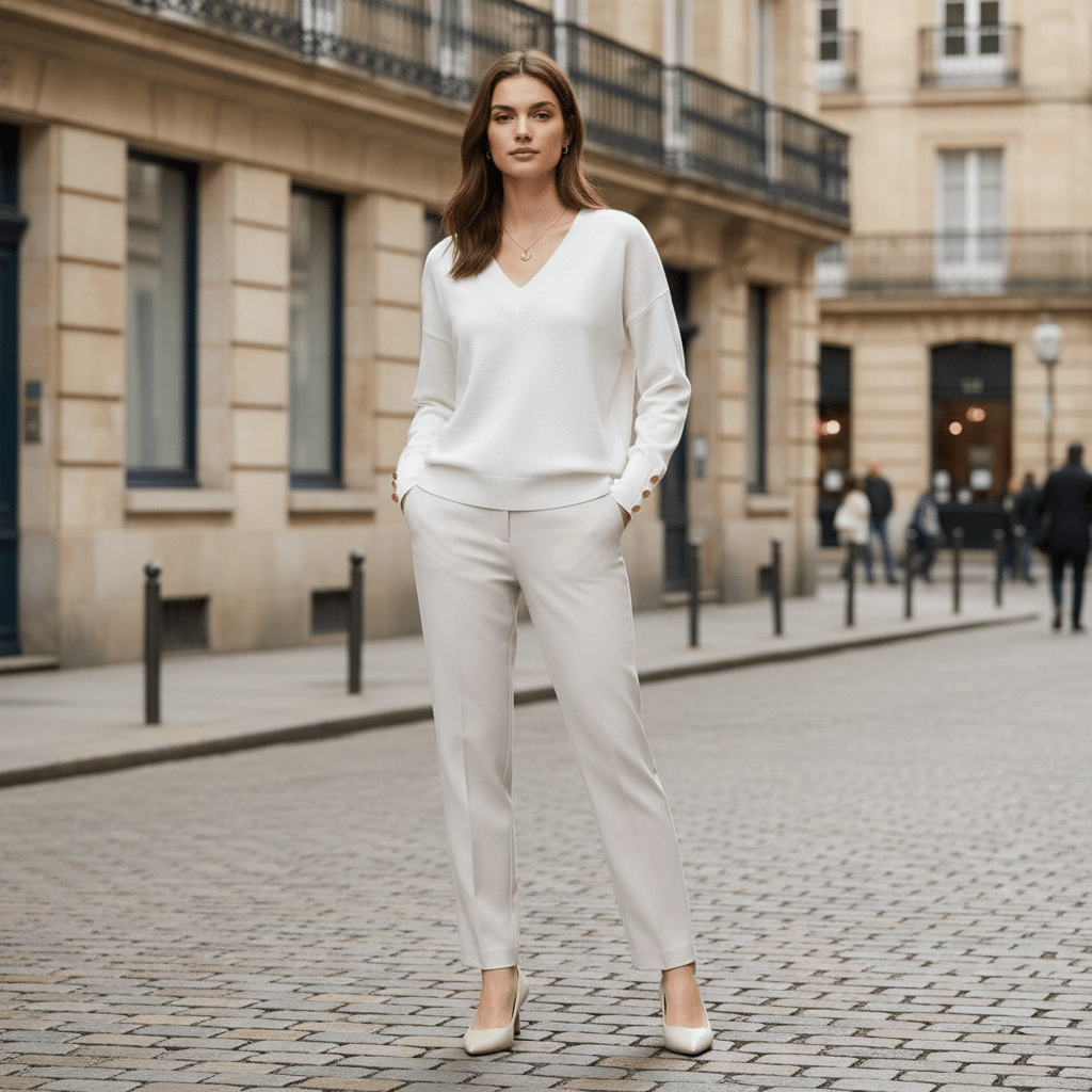 Relaxed V-Neck Sweater with Buttoned Cuffs