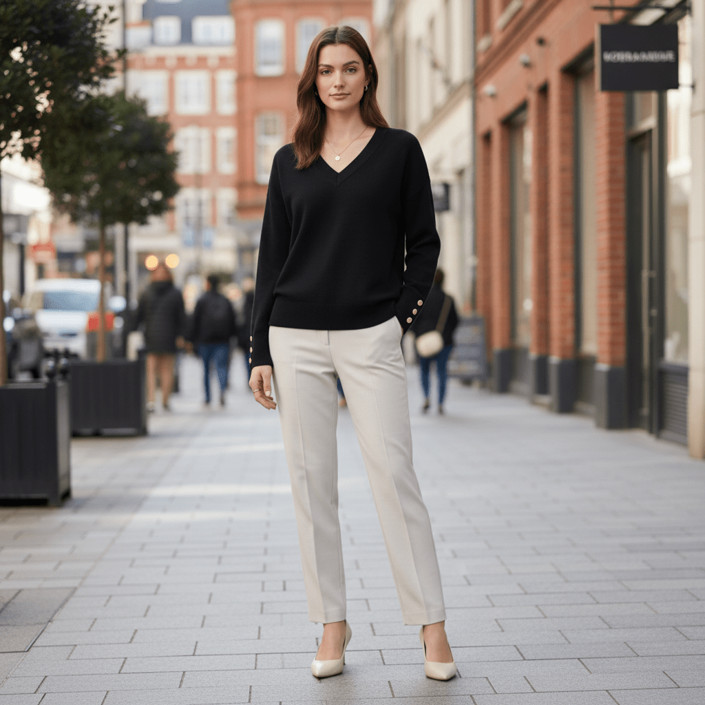 Relaxed V-Neck Sweater with Buttoned Cuffs