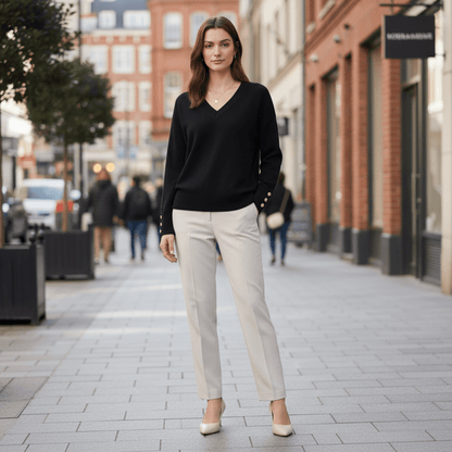 Relaxed V-Neck Sweater with Buttoned Cuffs