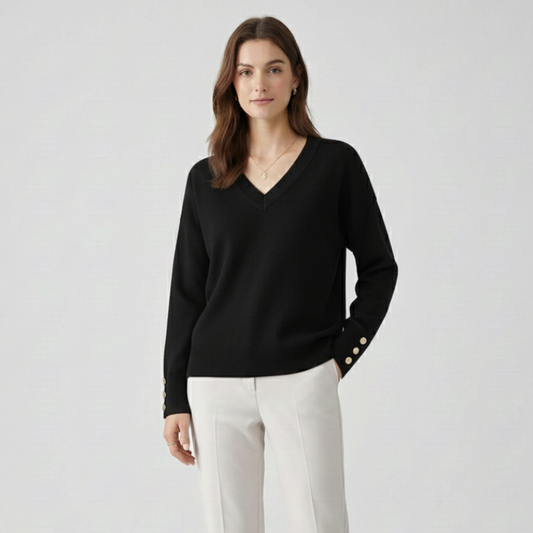 Relaxed V-Neck Sweater with Buttoned Cuffs
