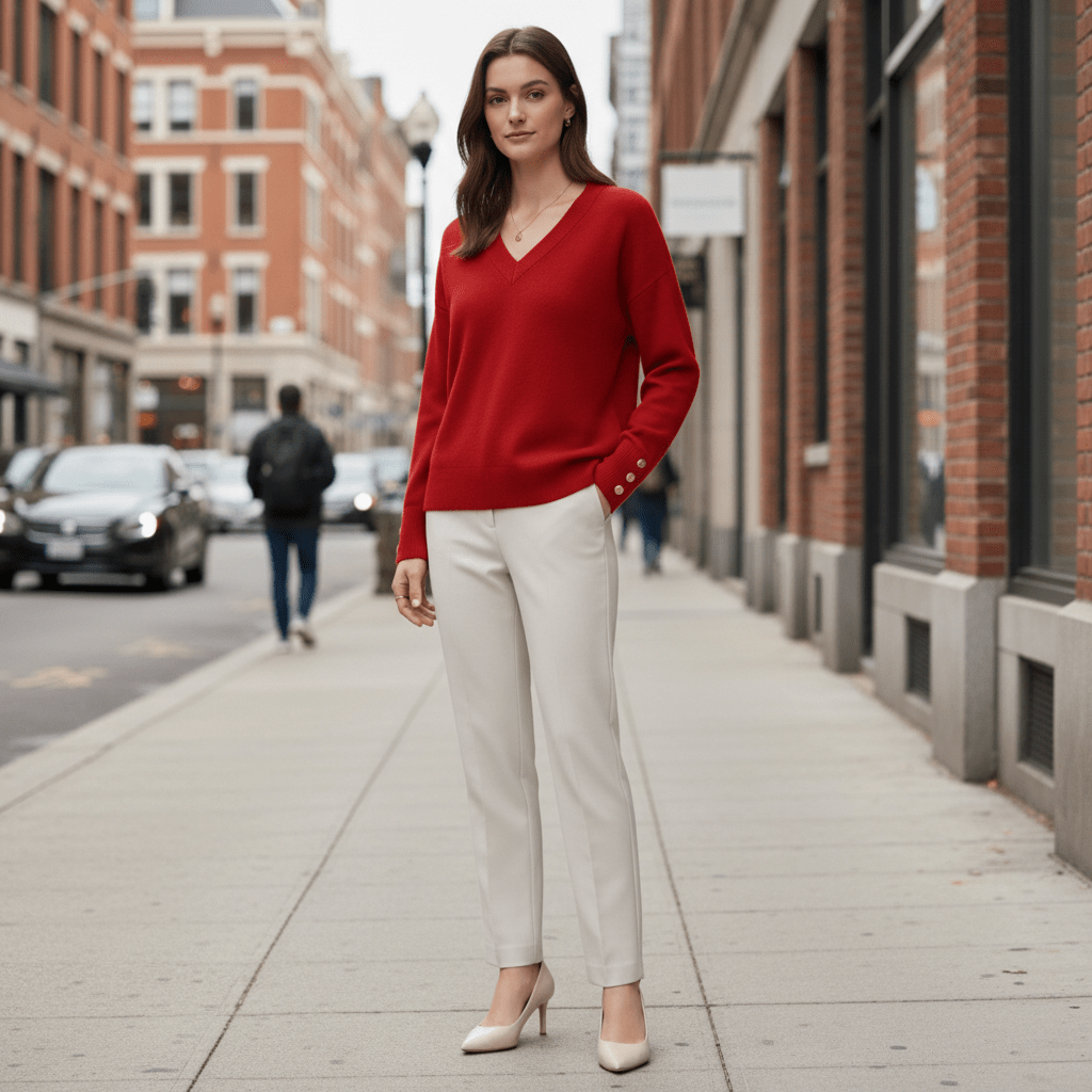 Relaxed V-Neck Sweater with Buttoned Cuffs
