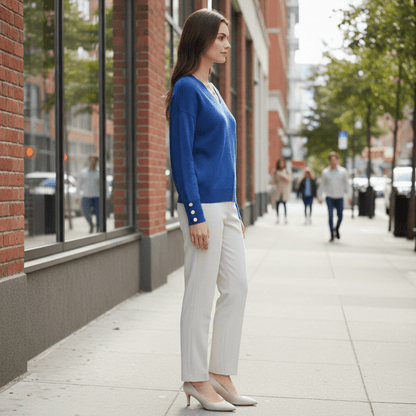 Relaxed V-Neck Sweater with Buttoned Cuffs
