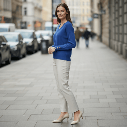 Relaxed V-Neck Sweater with Buttoned Cuffs