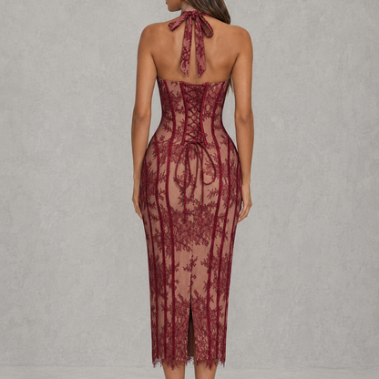 Vestido midi de corsé con cuello halter de encaje