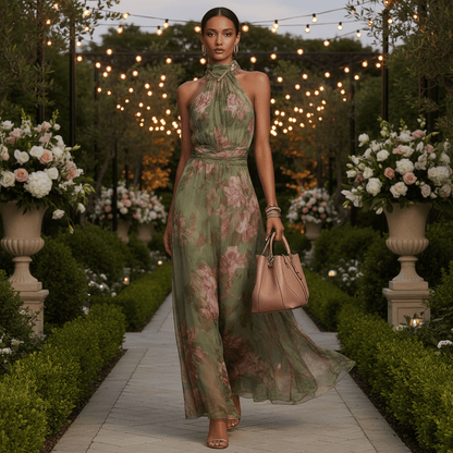 Blooming Halter Maxi Dress in Green