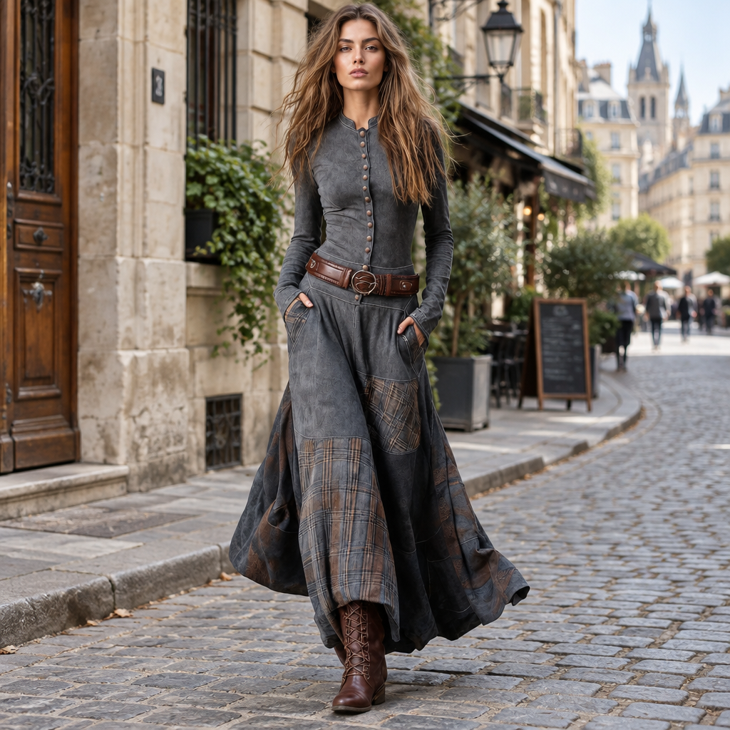 Retro Long Sleeve Dress with Chic Button Detail