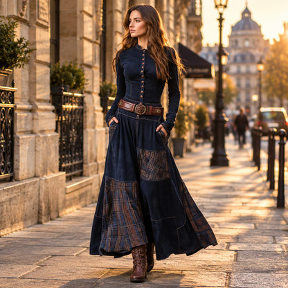 Retro Long Sleeve Dress with Chic Button Detail