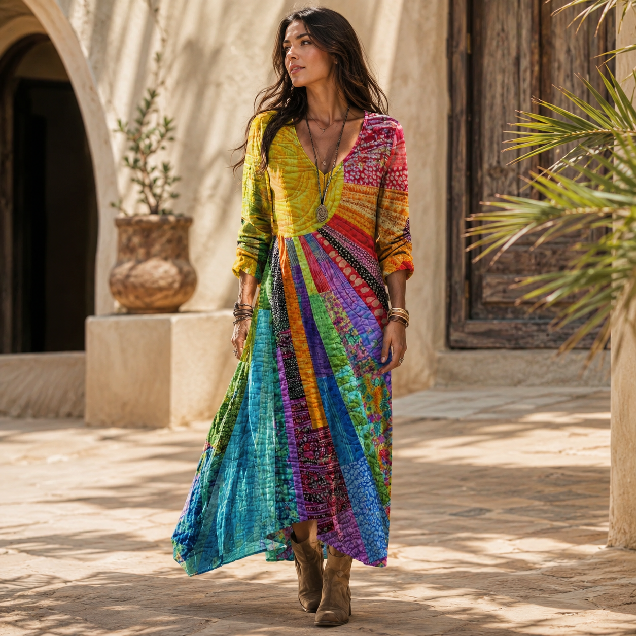 Sunburst Boho V-Neck Maxi Dress