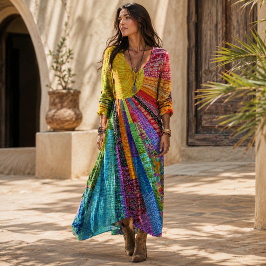 Vestido maxi boho con escote en V y estampado sunburst  
